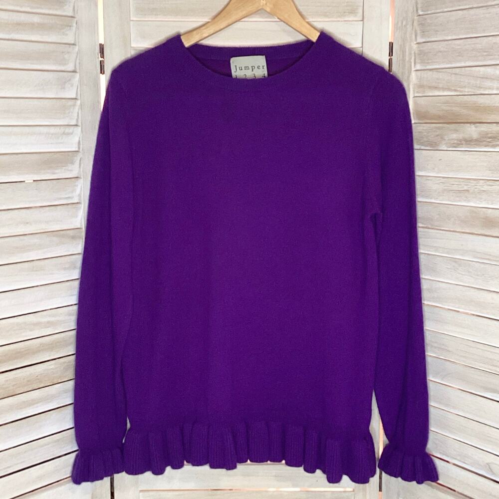 Jumper 1234 Purple Ruffle Hem 100% Cashmere Crewneck Sweater 3 L